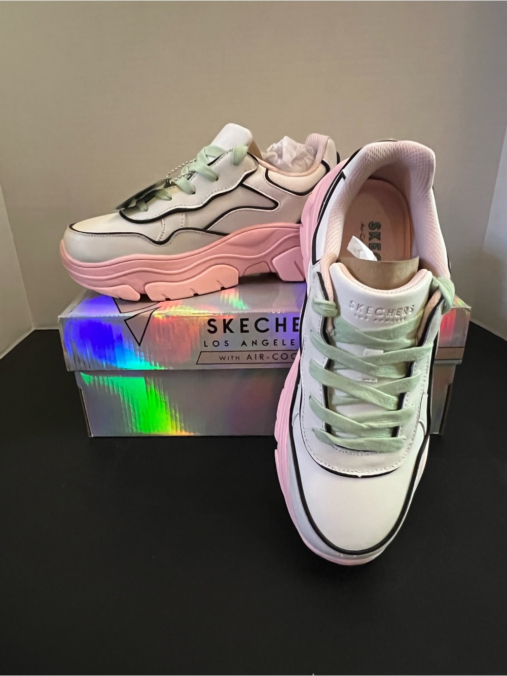 Skechers Platform Sneakers in White, Pink & Mint
